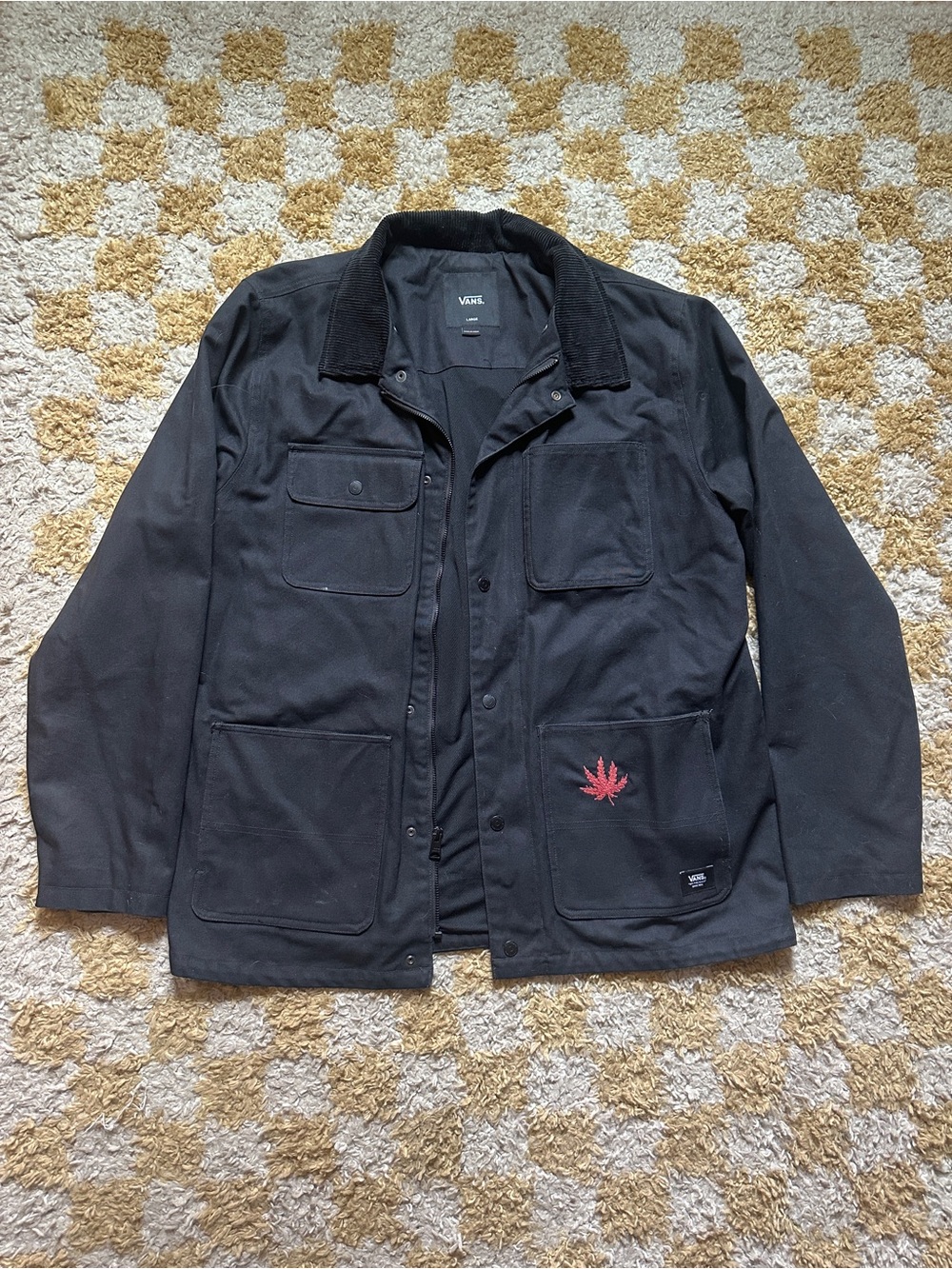 Vans Chore Coat / Jacket with Corduroy Collar and  Custom Leaf Embroidery